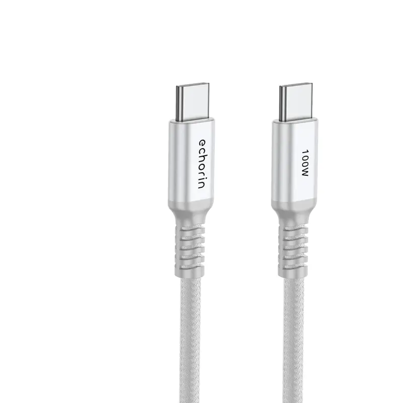 Echorin 100W Type-C to Type-C PD Hızlı Şarj Kablosu (1 Metre) - Çift Kat Örgülü Gümüş