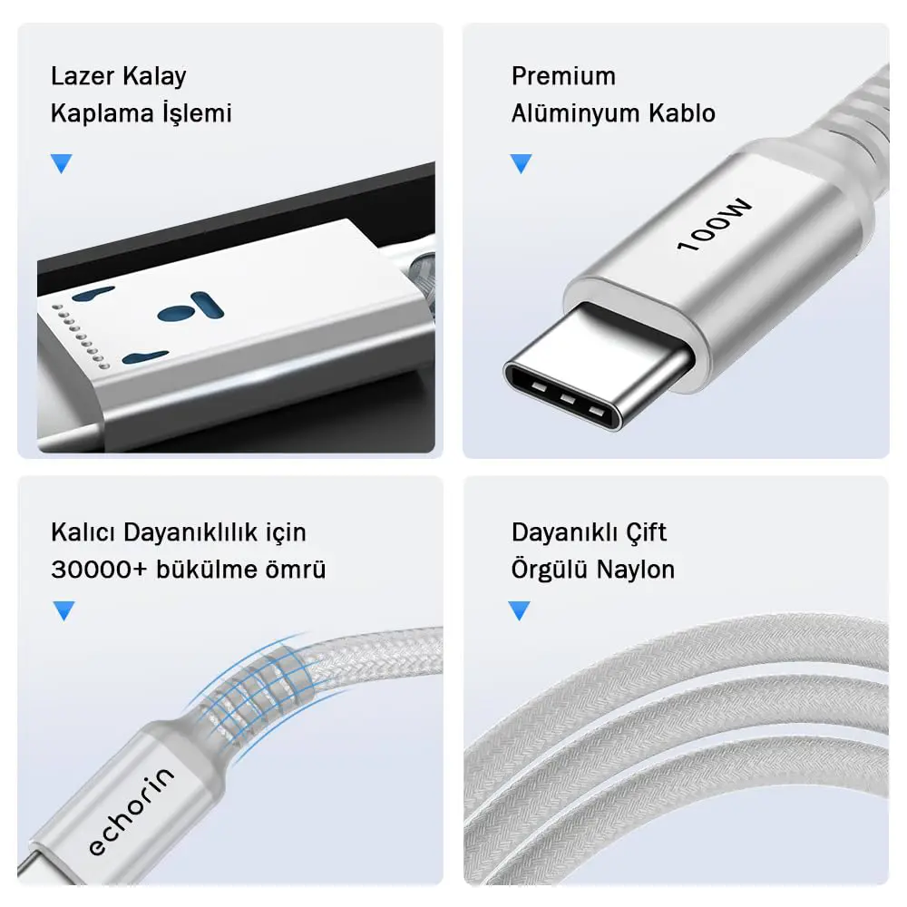 Echorin 100W Type-C to Type-C PD Hızlı Şarj Kablosu (1 Metre) - Çift Kat Örgülü Gümüş