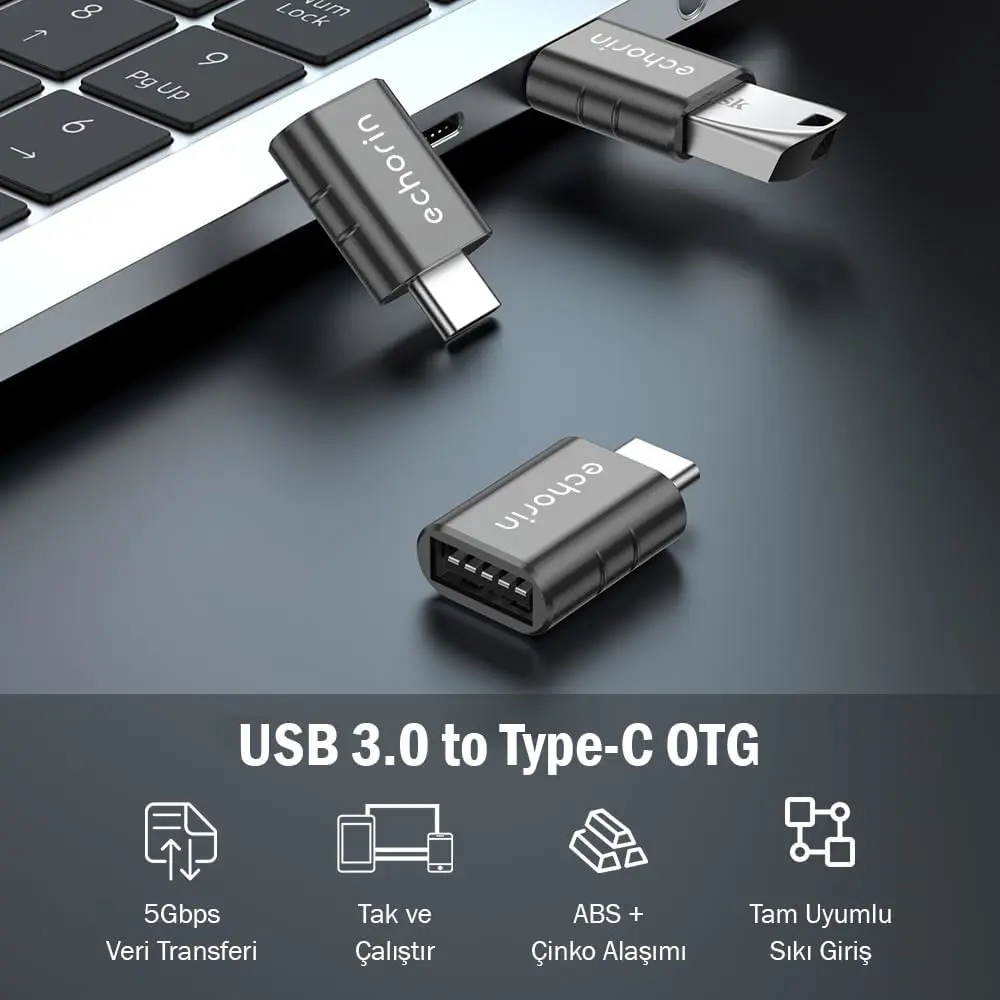 Echorin OTG Akıllı Giriş USB 3.0 to Type-C Dönüştürücü Adaptör (5Gbps) - Metalik Gri