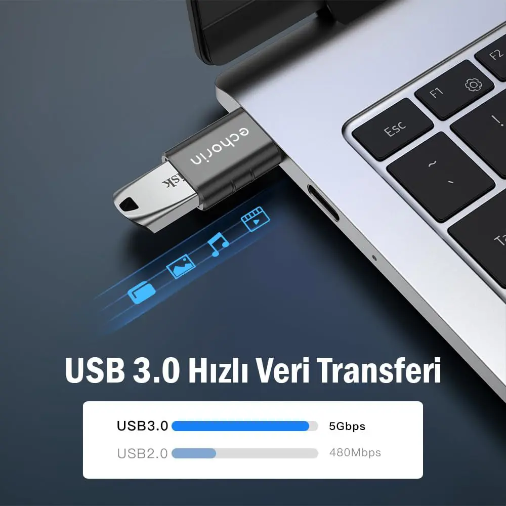 Echorin OTG Akıllı Giriş USB 3.0 to Type-C Dönüştürücü Adaptör (5Gbps) - Metalik Gri