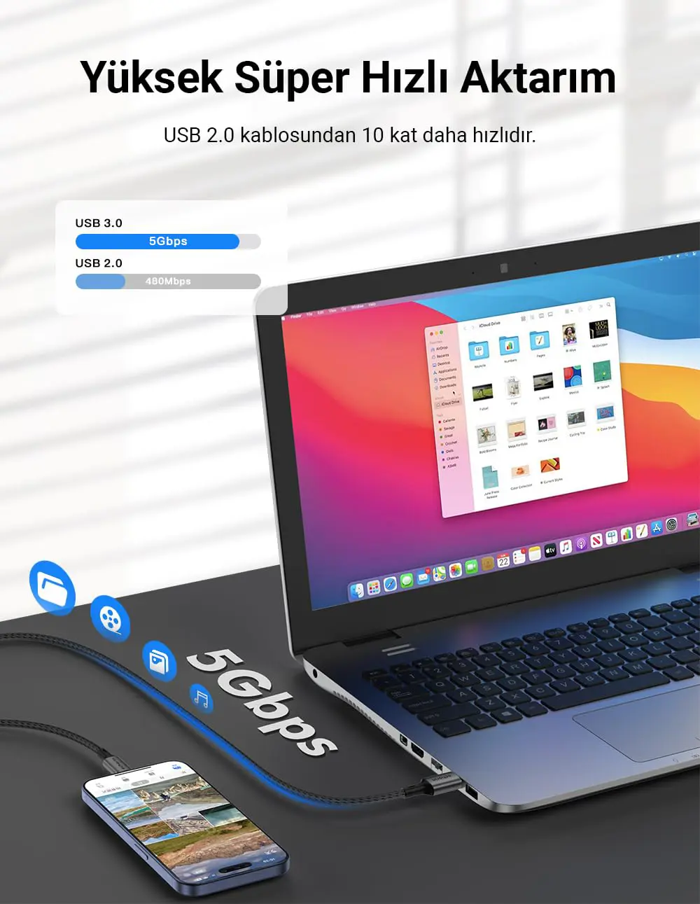 Echorin USB 3.0 USB-A to Type-C 5Gbps Yüksek Hızlı Veri ve Şarj Kablosu (1 Metre) - Gri