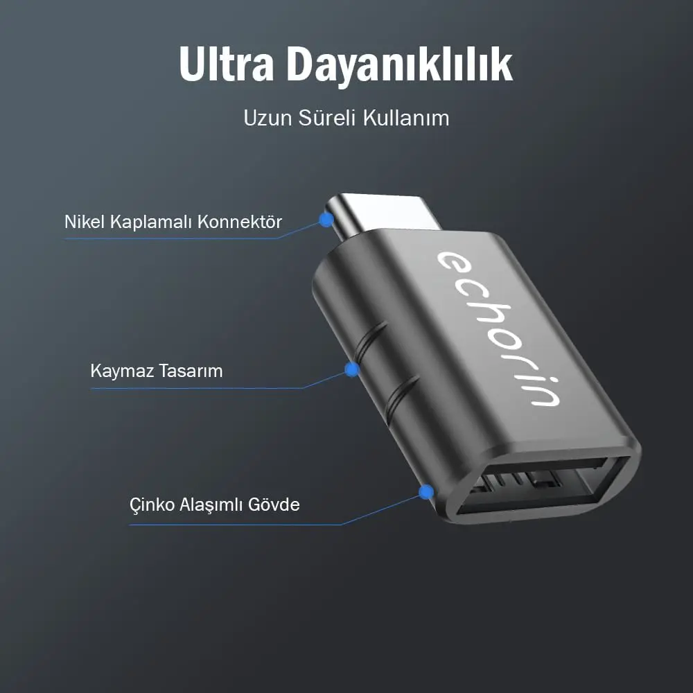 Echorin OTG Akıllı Giriş USB 3.0 to Type-C Dönüştürücü Adaptör (5Gbps) - Metalik Gri