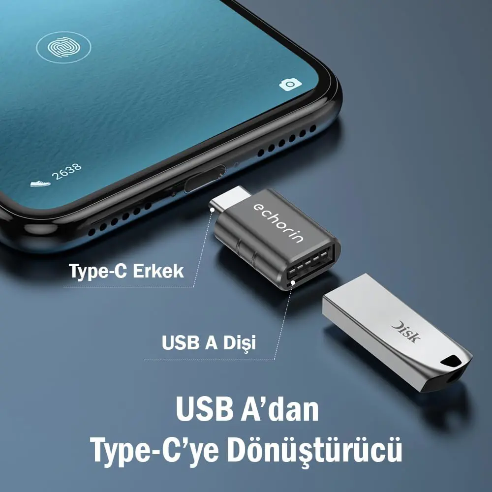 Echorin (İkili Paket) OTG Akıllı Giriş USB 3.0 to Type-C Dönüştürücü Adaptör (5Gbps) - Metalik Gri