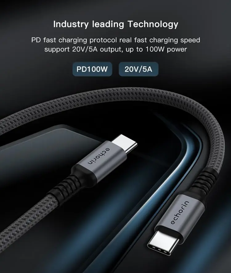Echorin 100W Type-C to Type-C PD Hızlı Şarj Kablosu (2 Metre) - Çift Kat Örgülü Gri