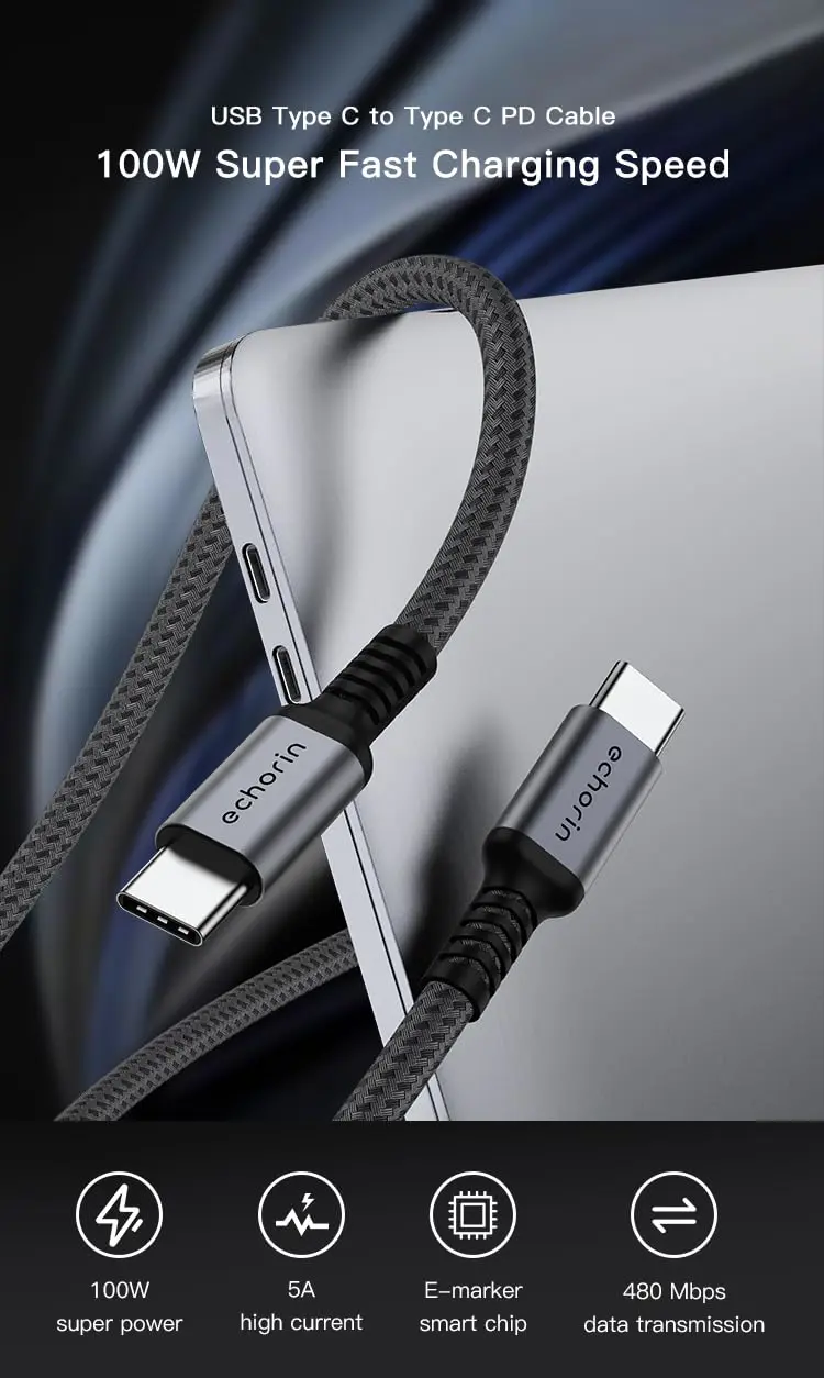 Echorin 100W Type-C to Type-C PD Hızlı Şarj Kablosu (2 Metre) - Çift Kat Örgülü Gri
