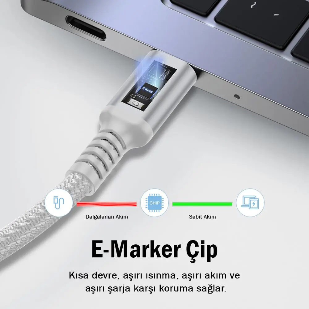 Echorin 100W Type-C to Type-C PD Hızlı Şarj Kablosu (1 Metre) - Çift Kat Örgülü Gümüş