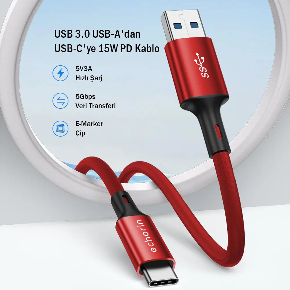 Echorin USB 3.0 USB-A to Type-C 5Gbps Yüksek Hızlı Veri ve Şarj Kablosu (1 Metre) - Kırmızı