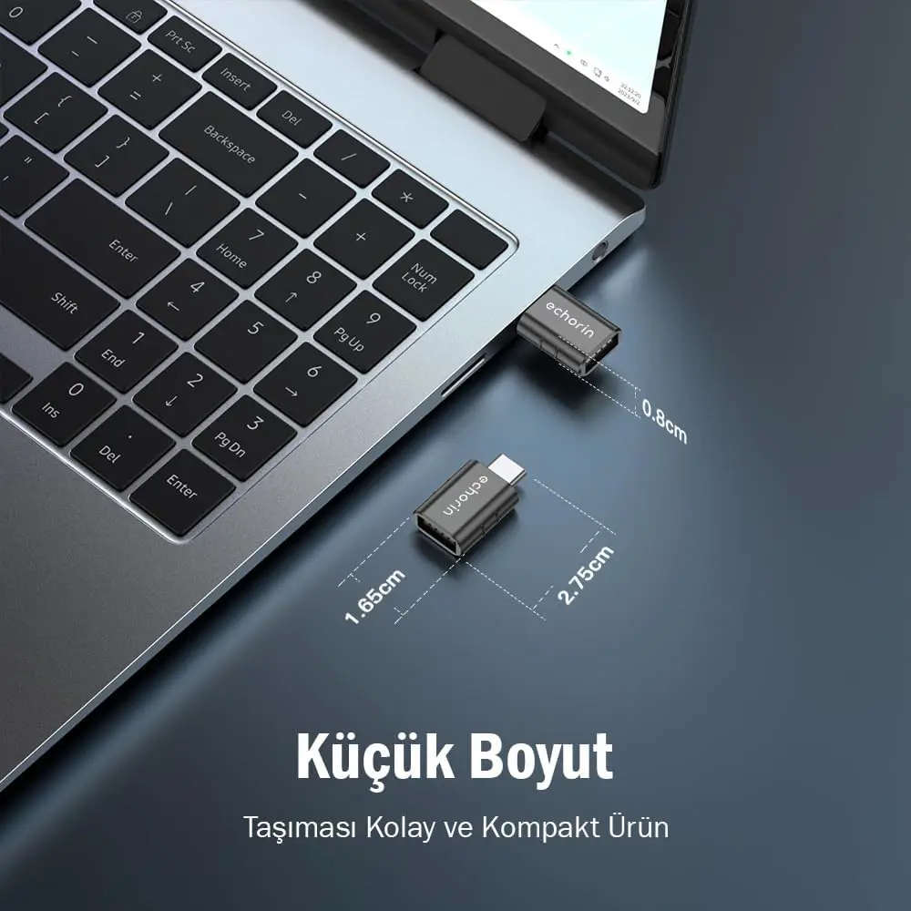 Echorin OTG Akıllı Giriş USB 3.0 to Type-C Dönüştürücü Adaptör (5Gbps) - Metalik Gri