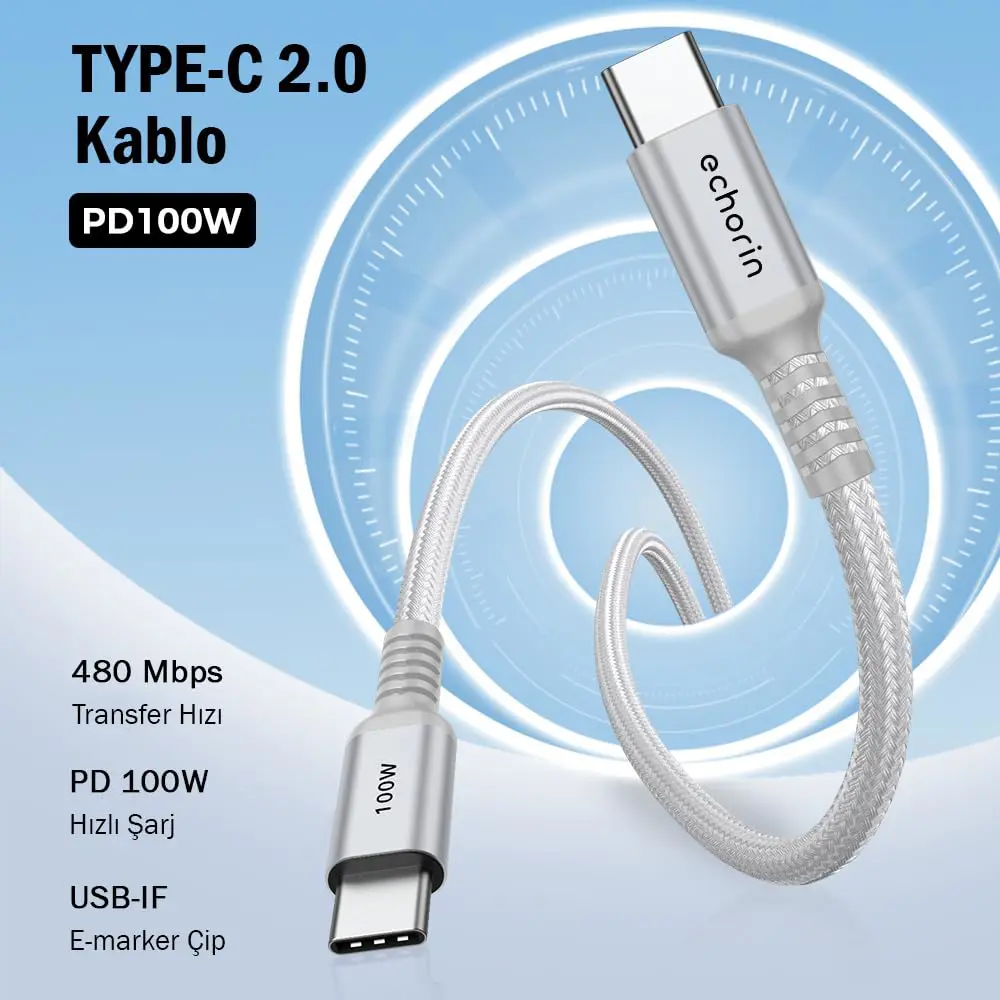 Echorin 100W Type-C to Type-C PD Hızlı Şarj Kablosu (1 Metre) - Çift Kat Örgülü Gümüş