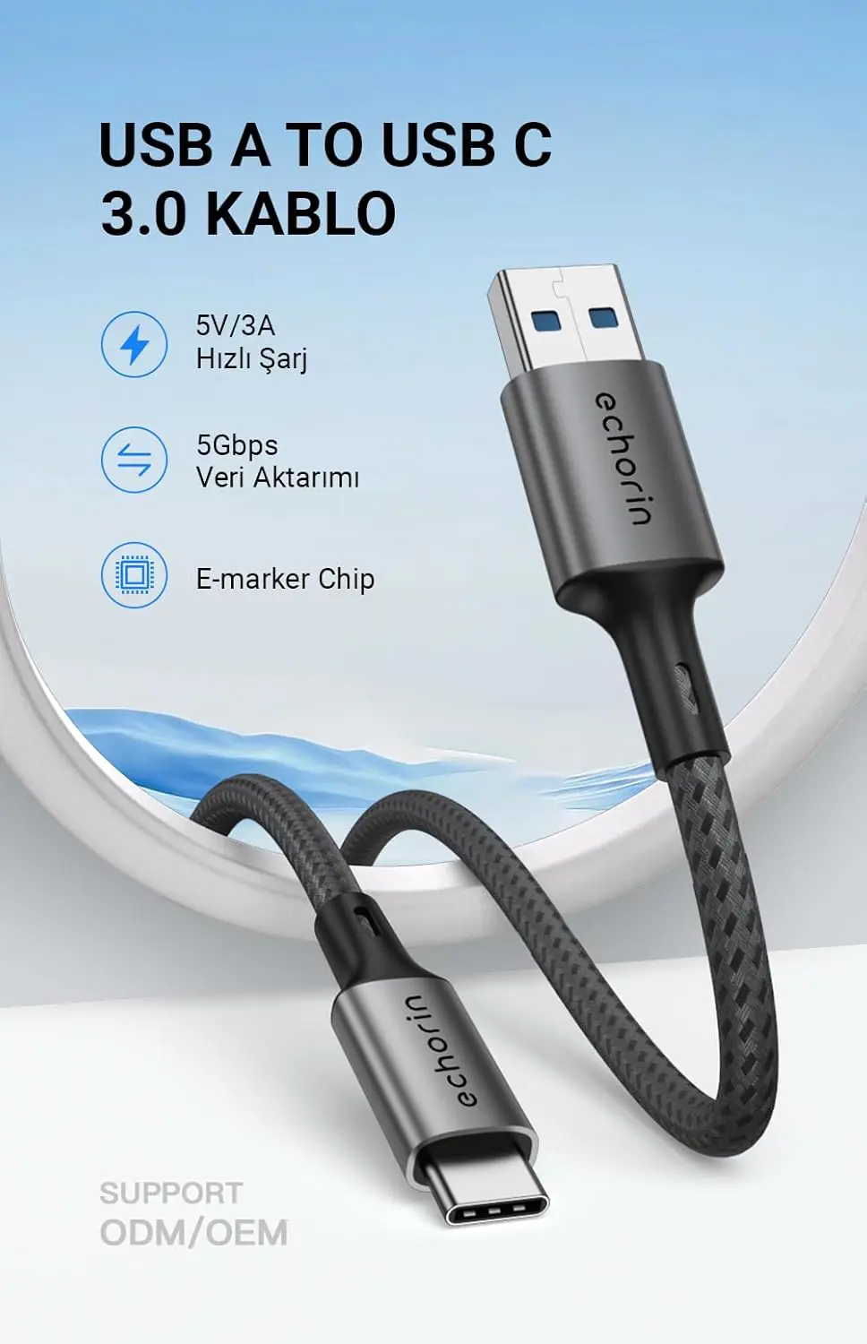 Echorin USB 3.0 USB-A to Type-C 5Gbps Yüksek Hızlı Veri ve Şarj Kablosu (1 Metre) - Gri
